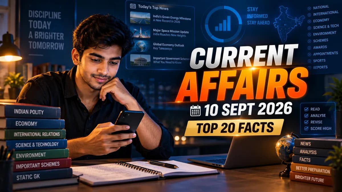 ExamAtlas Daily Current Affairs 10 September 2026 with top 20 exam facts for SSC, Railway, Banking and BPSC