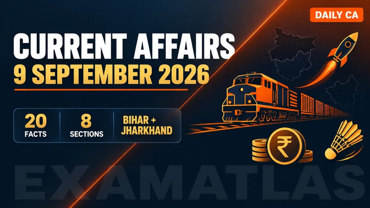 Daily Current Affairs 9 September 2026 with 20 exam-tagged facts for SSC, Railway, Banking, BPSC and JSSC exams